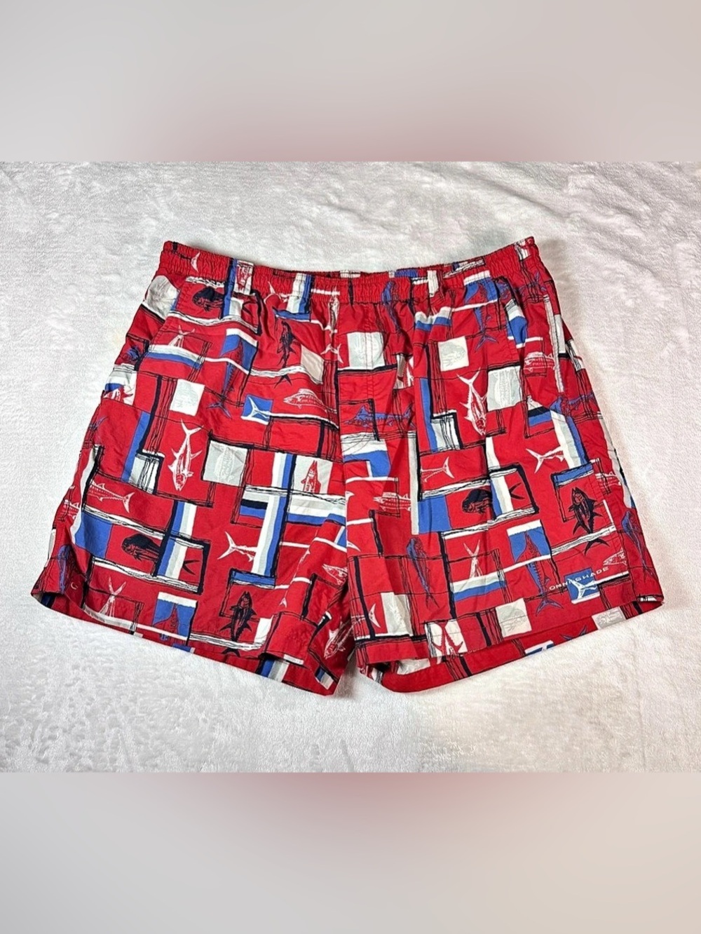 Columbia Omni-Shade Men’s L Swim Trunks Large Red Blue Fishing Print Mesh Lined